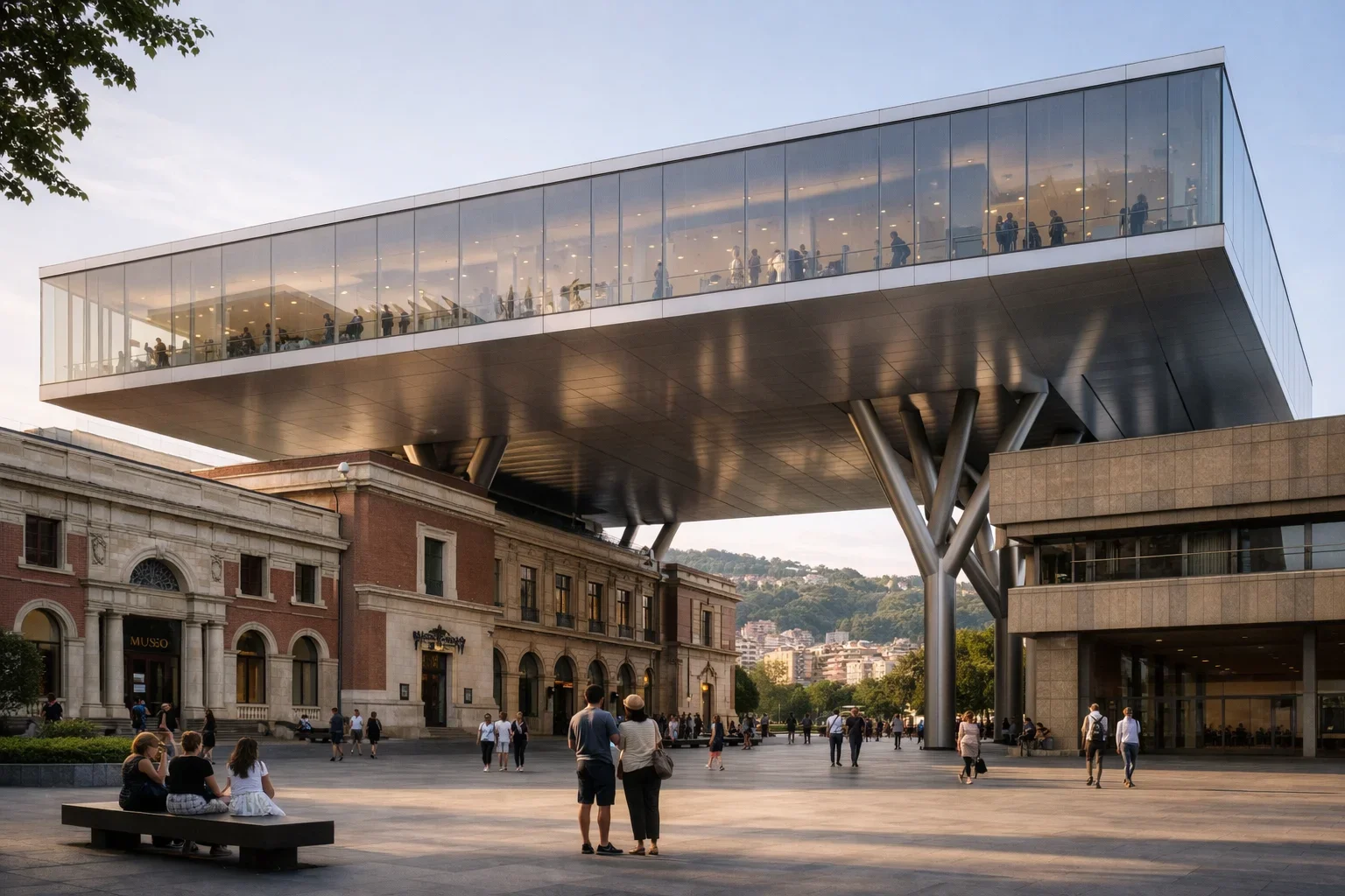 AI-generated representative image for: Considered: Foster + Partners’ Floating Expansion for Bilbao Fine Arts Museum Reimagines Urban Growth